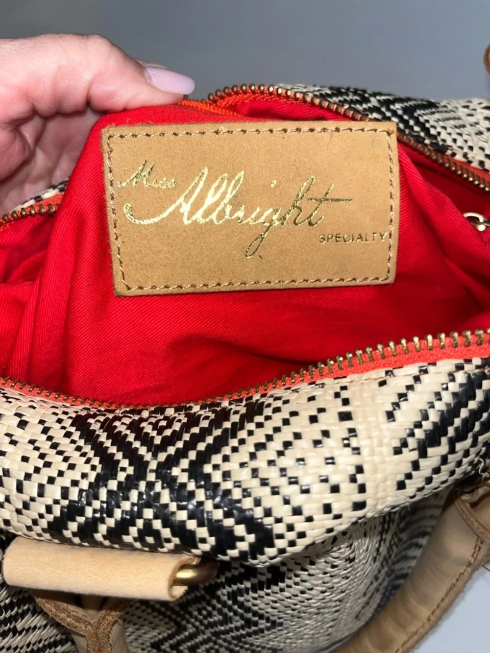 Miss Albright Speciality Woven Chevron Satchel Handbag in Black, Cream & Red